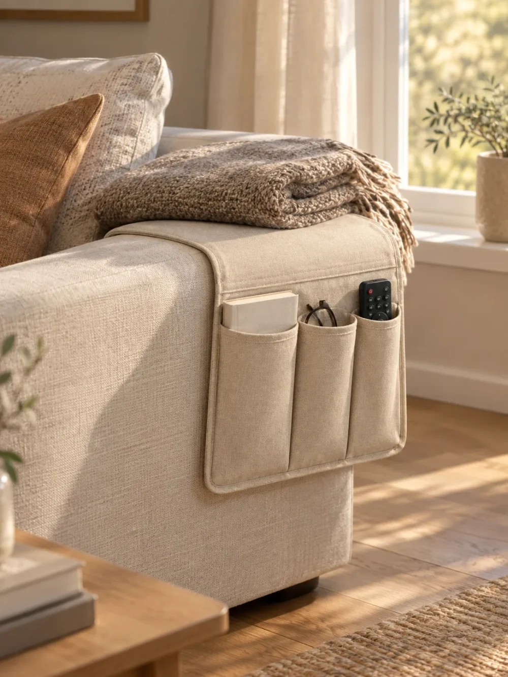 Arm Sofa Caddy in Oat, in use beside a sofa