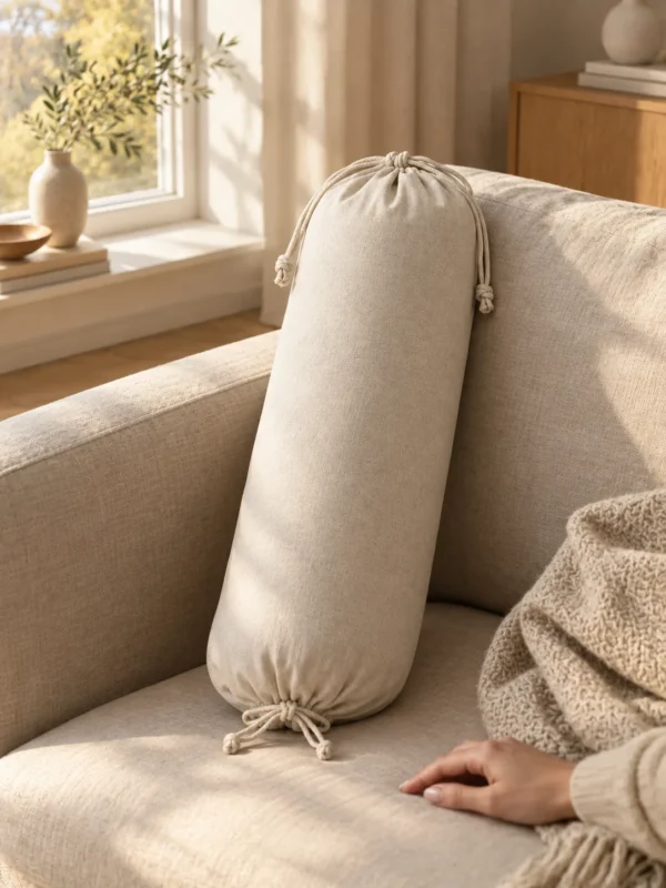 Brae Bolster Cover in Oat, on a linen sofa by a window