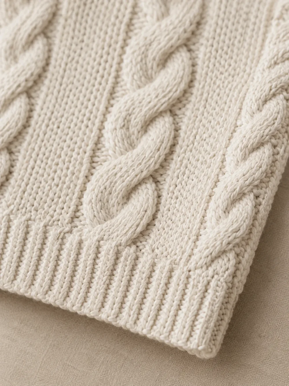 Brae Cable Knit Runner in Chalk, close-up of the end and edge