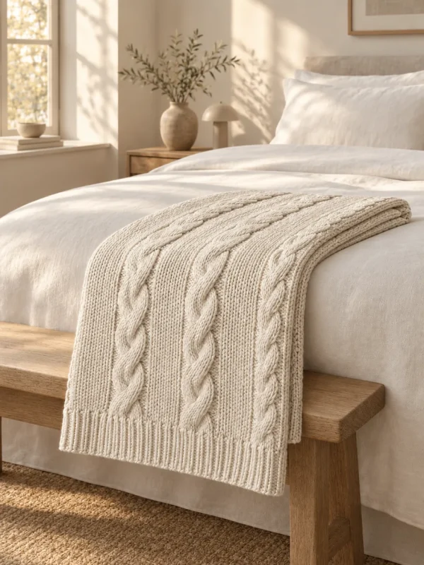 Brae Cable Knit Runner in Chalk, across the foot of a bed