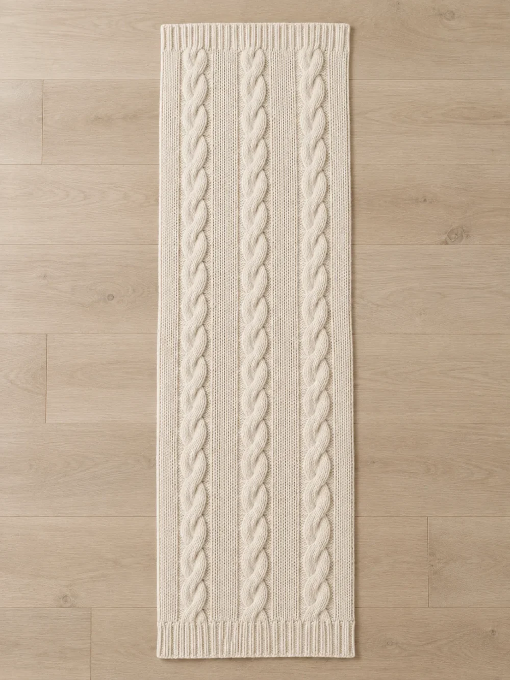Brae Cable Knit Runner in Chalk, laid flat, full length