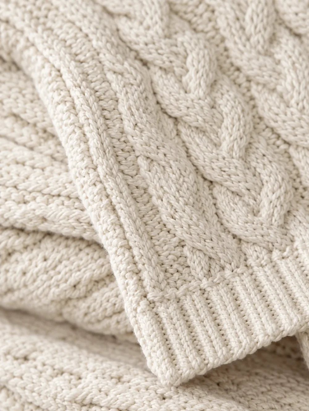 Brae Cable Knit Throw in Chalk, close-up of the weave and edge
