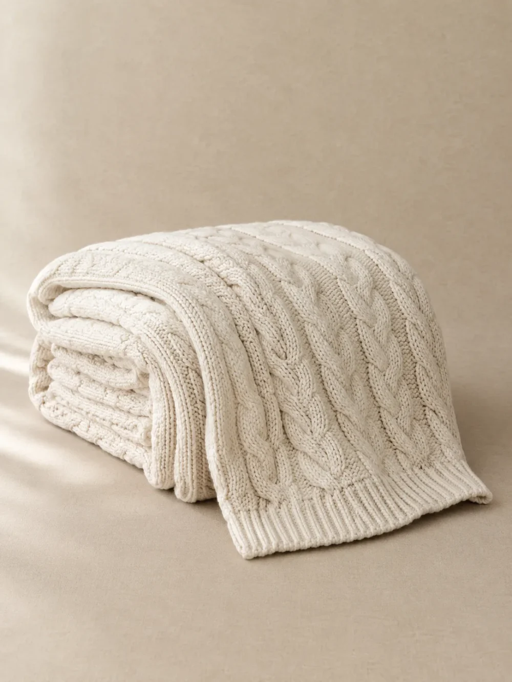 Brae Cable Knit Throw in Chalk, folded, showing the edge finish