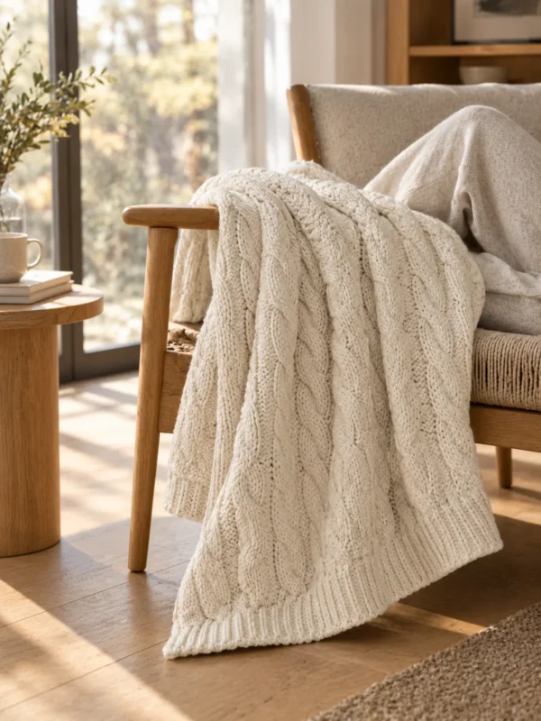 Brae Cable Knit Throw in Chalk, draped over a lounge chair
