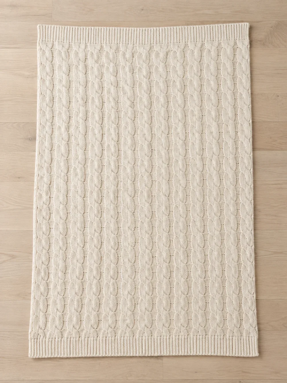 Brae Cable Knit Throw in Chalk, laid flat, full size