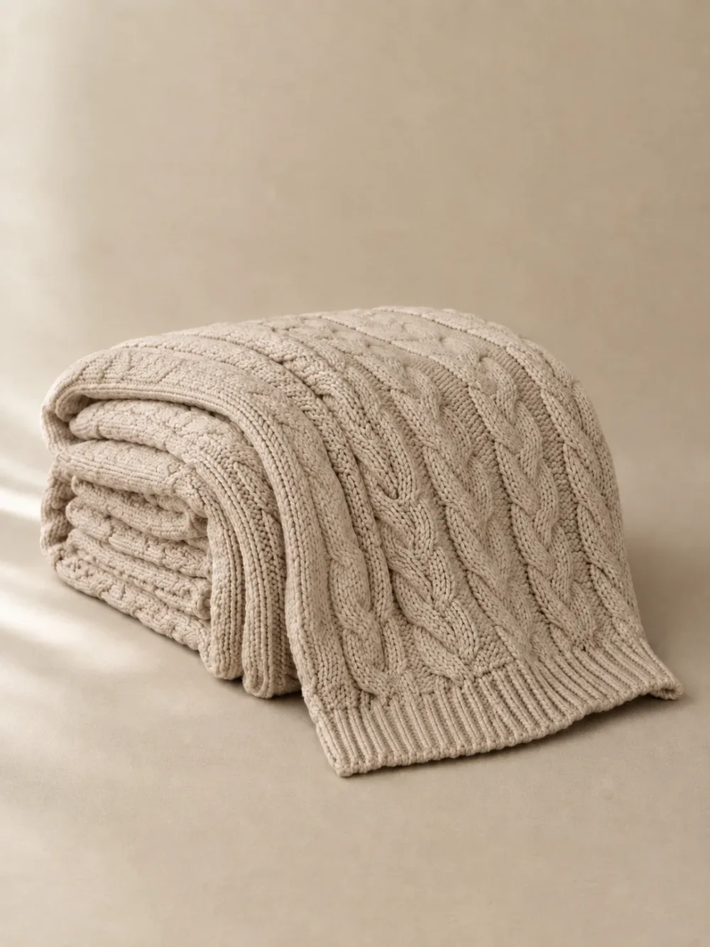 Brae Cable Knit Throw in Oat, folded, showing the edge finish