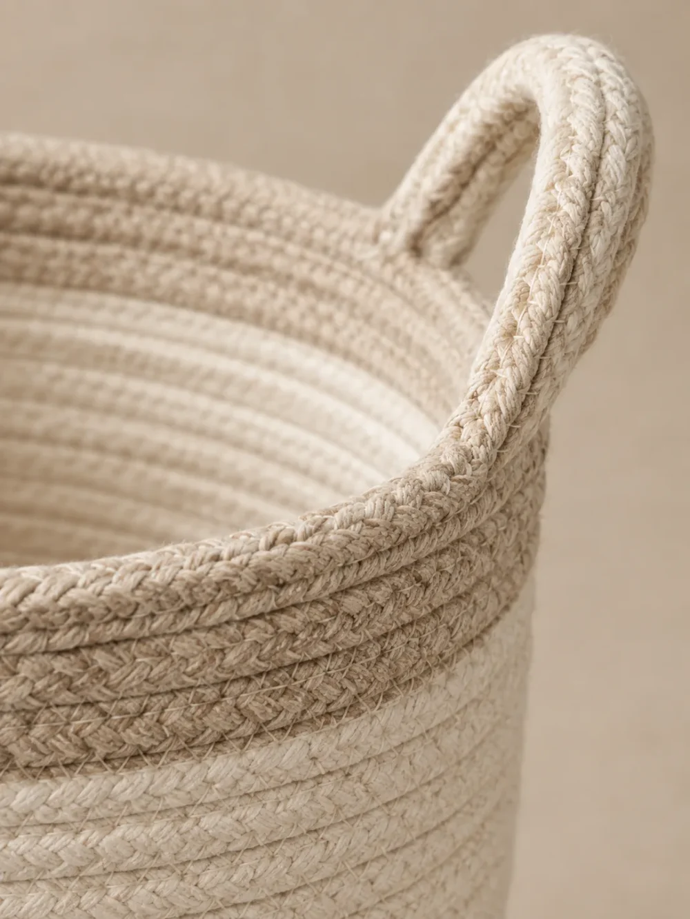 Coil Rope Basket in Chalk, close-up of the seams and handle