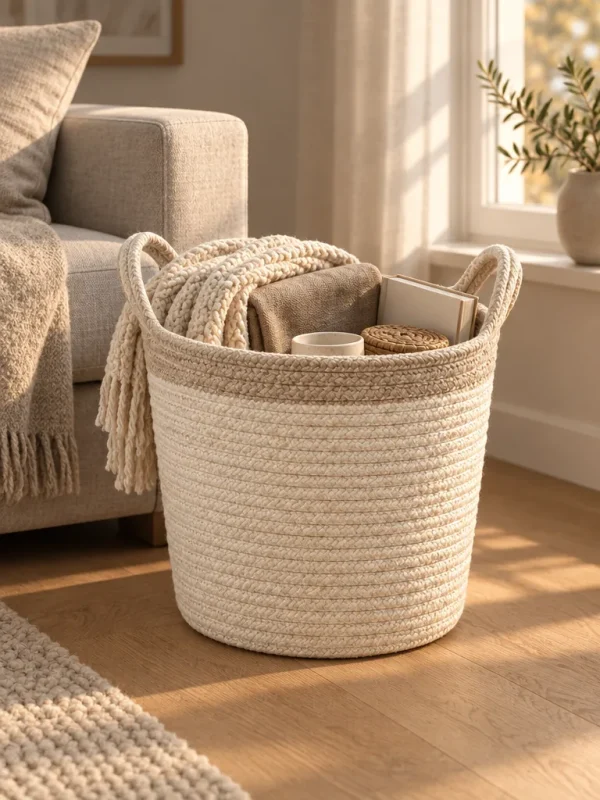 Coil Rope Basket in Chalk, in use beside a sofa