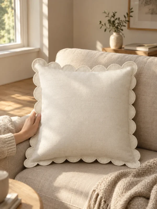 Cove Scallop Cushion Cover in Chalk, on a linen sofa by a window