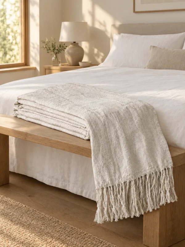 Drift Fringe Bed Runner in Chalk, across the foot of a bed