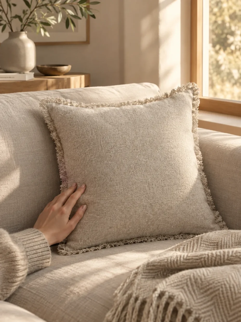 Drift Fringe Cushion Cover in Oat, on a linen sofa by a window