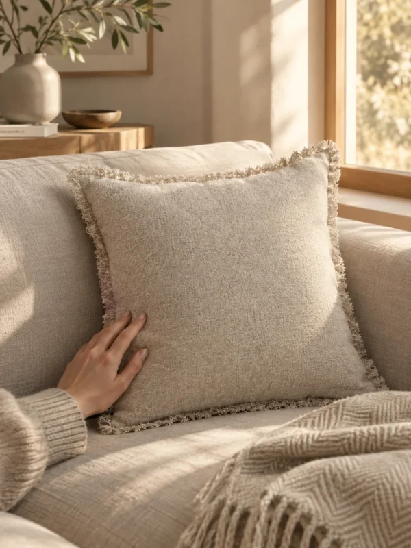 Drift Fringe Cushion Cover in Oat, on a linen sofa by a window