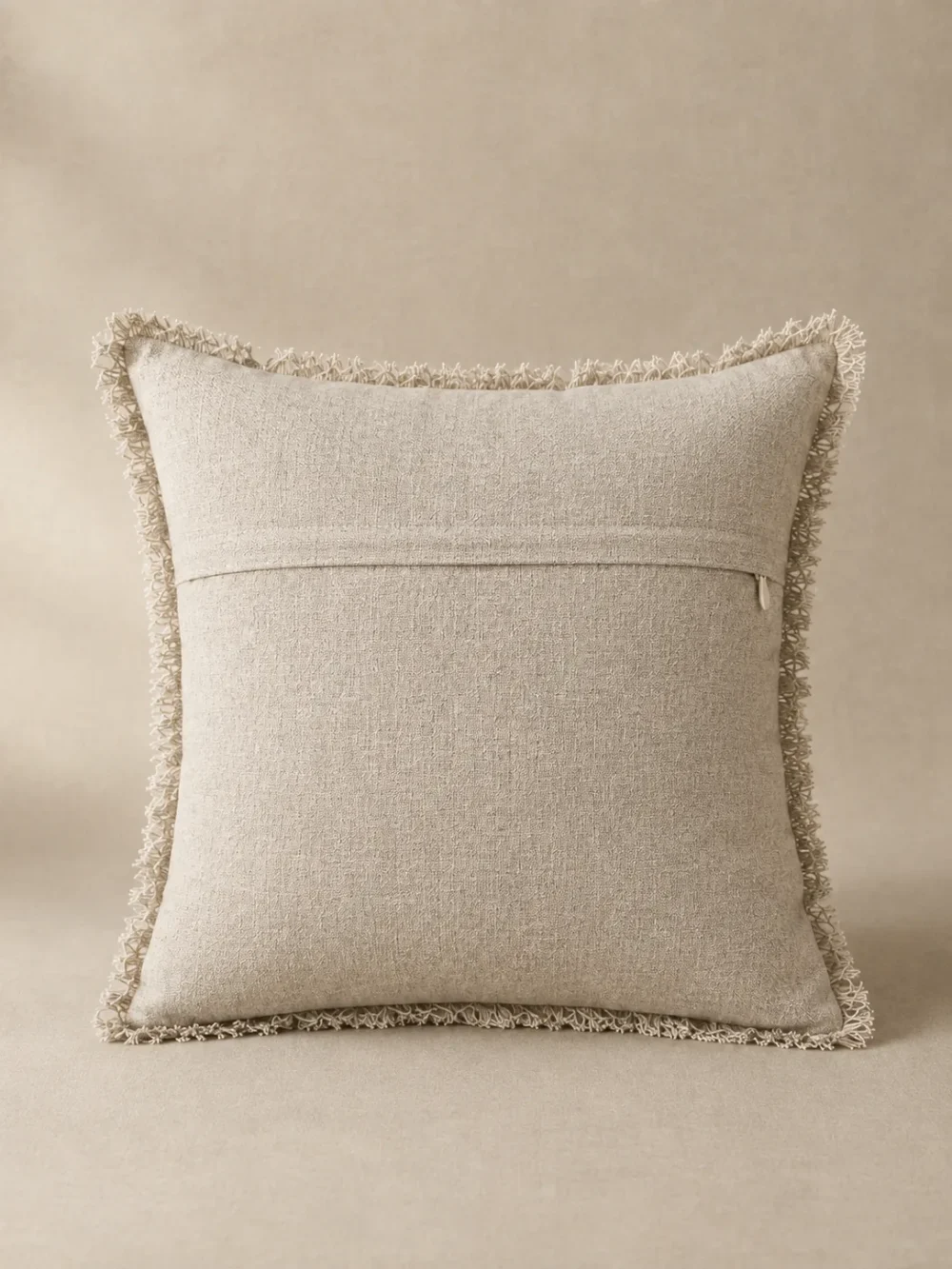 Drift Fringe Cushion Cover in Oat, back view showing the closure