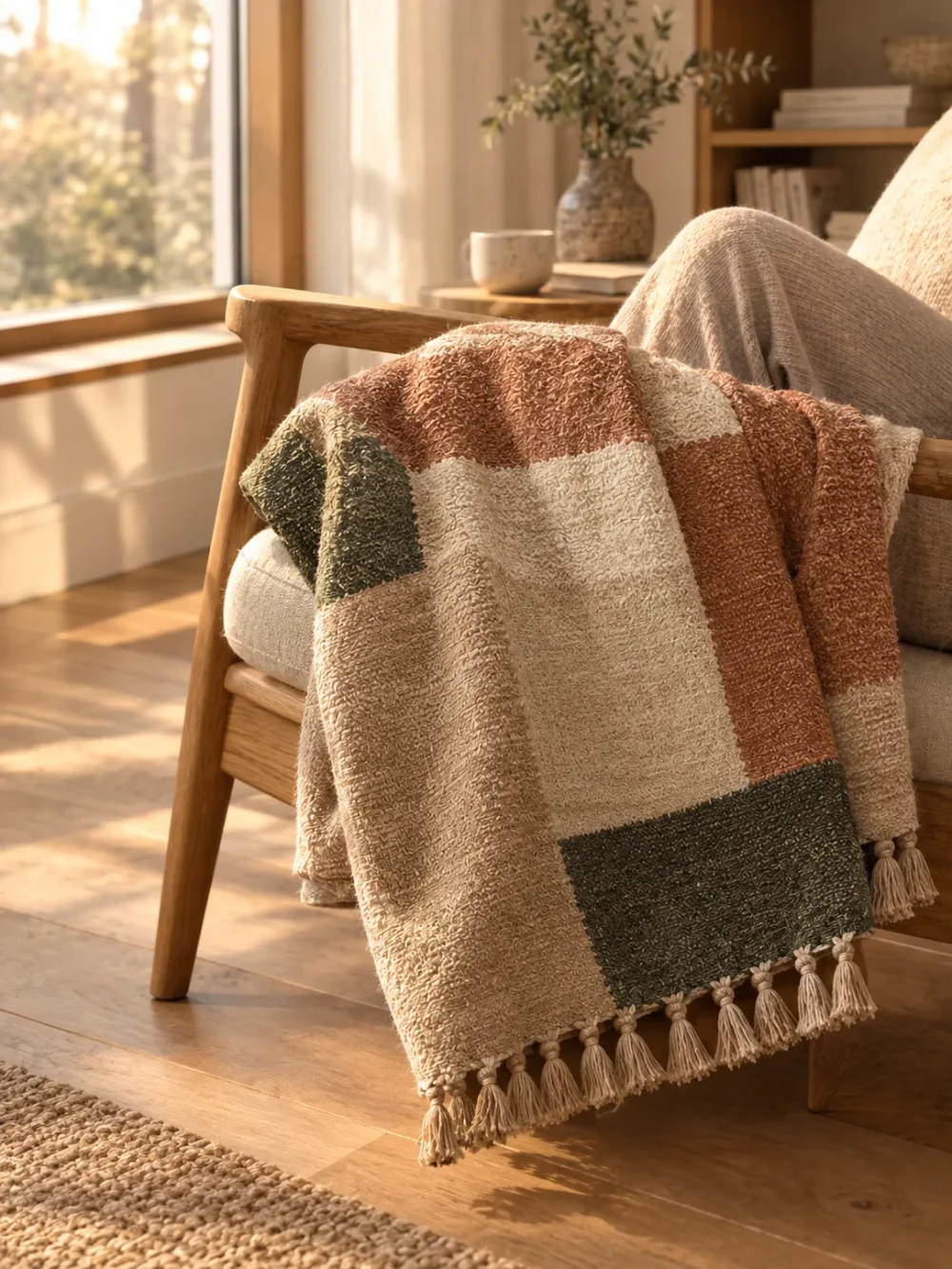 Dune Block Stripe Throw in Sand, draped over a lounge chair