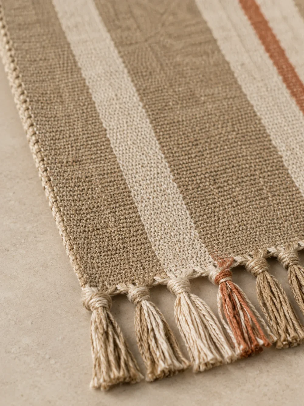 Dune Stripe Bed Runner in Sand, close-up of the end and edge