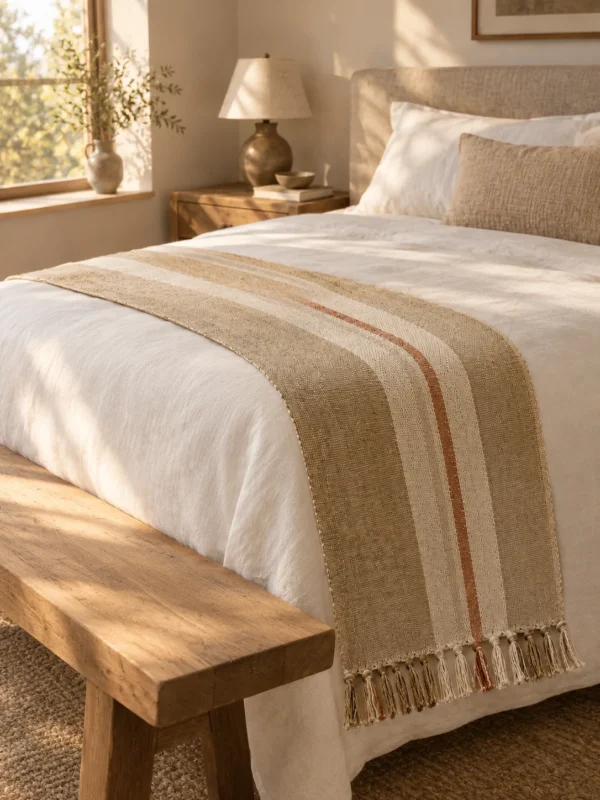 Dune Stripe Bed Runner in Sand, across the foot of a bed