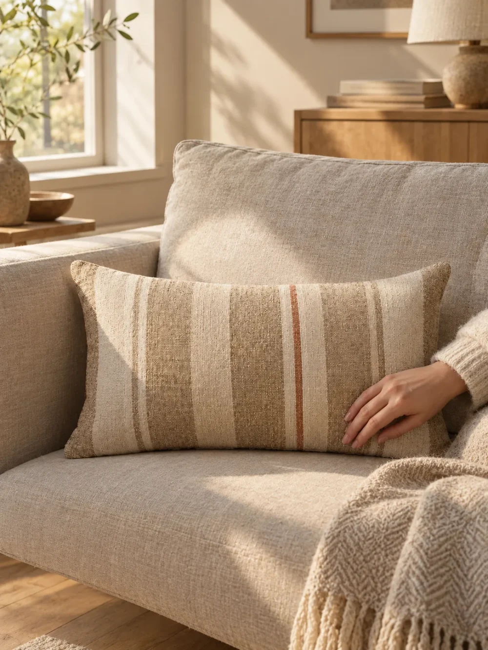 Dune Stripe Lumbar Cover in Sand, on a linen sofa by a window