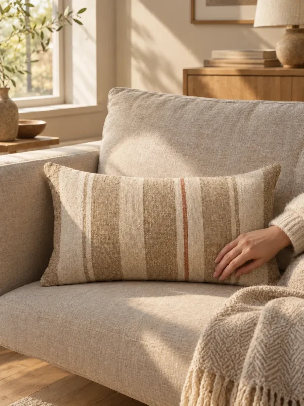 Dune Stripe Lumbar Cover in Sand, on a linen sofa by a window