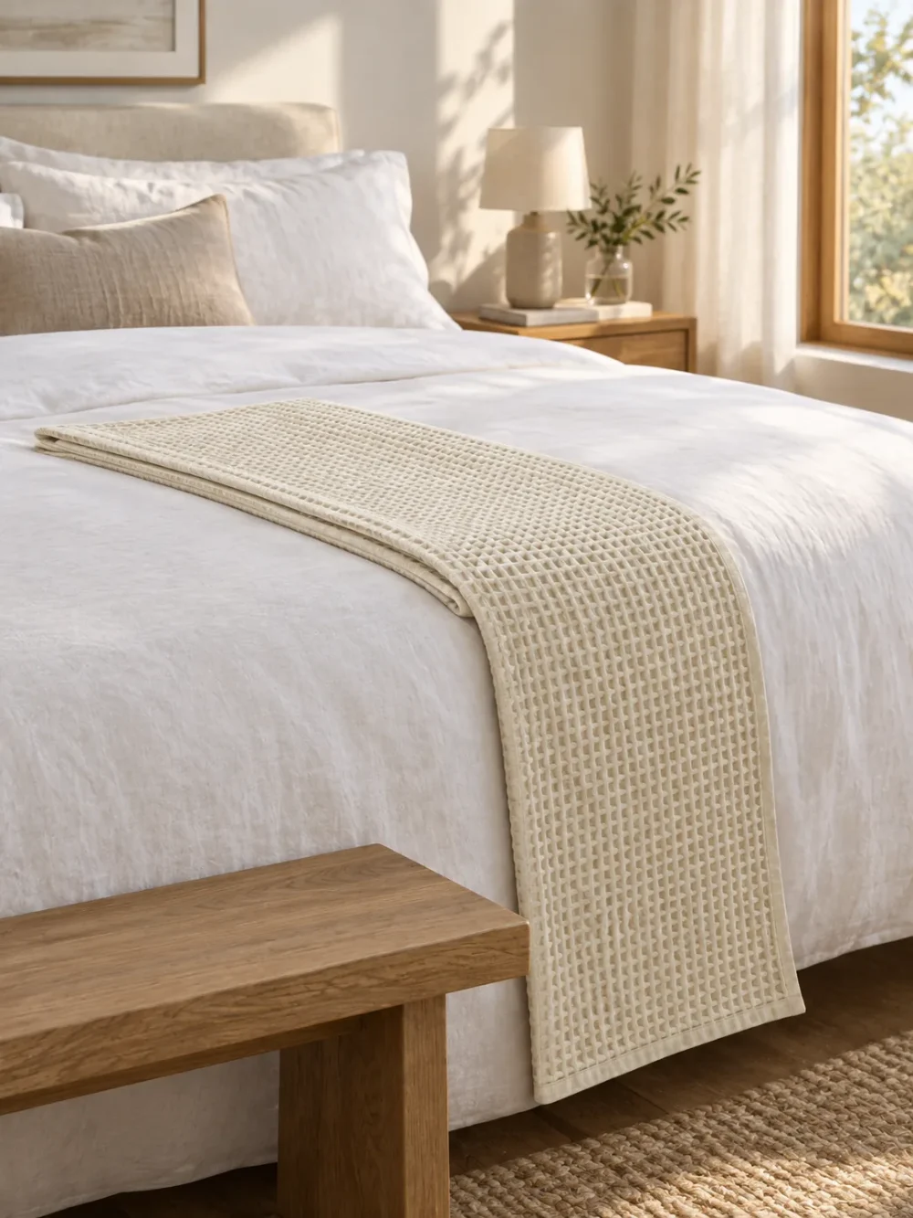 Ebb Waffle Bed Runner in Chalk, across the foot of a bed