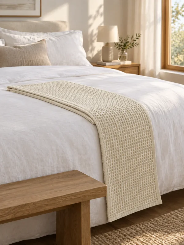 Ebb Waffle Bed Runner in Chalk, across the foot of a bed