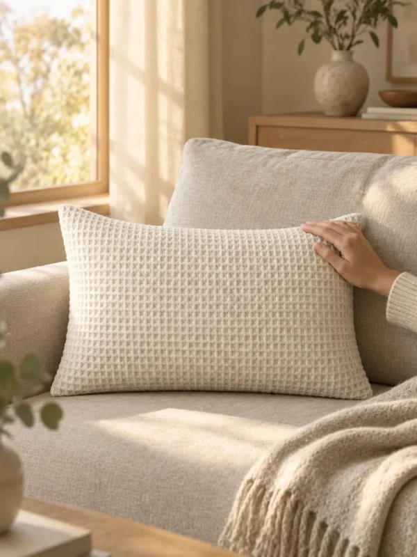 Ebb Waffle Lumbar Cover in Chalk, on a linen sofa by a window