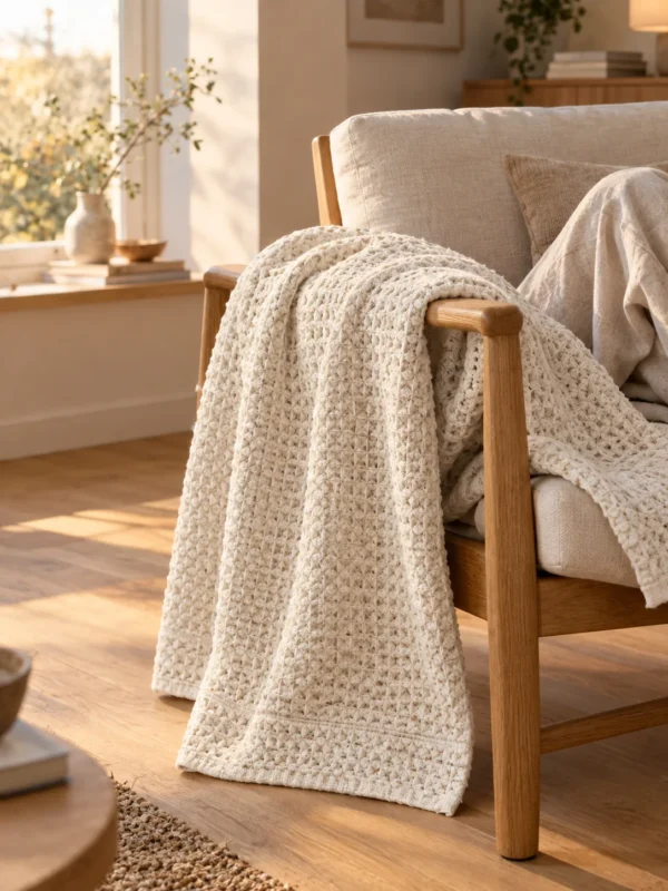 Ebb Waffle Throw in Chalk, draped over a lounge chair