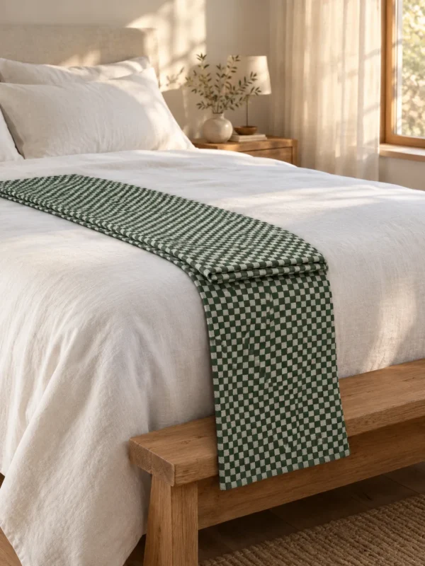 Fell Check Bed Runner in Fjord, across the foot of a bed