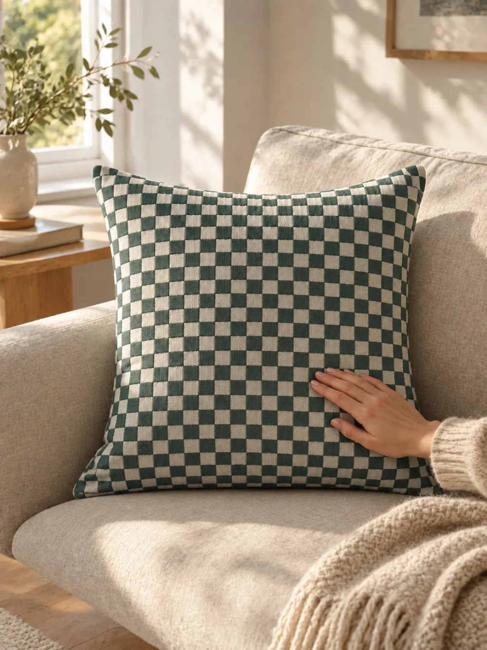 Fell Check Cushion Cover in Fjord, on a linen sofa by a window