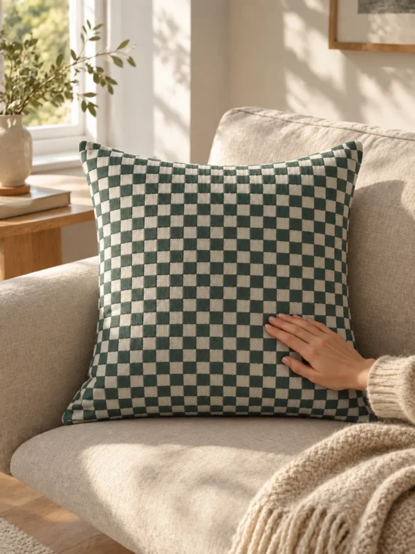 Fell Check Cushion Cover in Fjord, on a linen sofa by a window