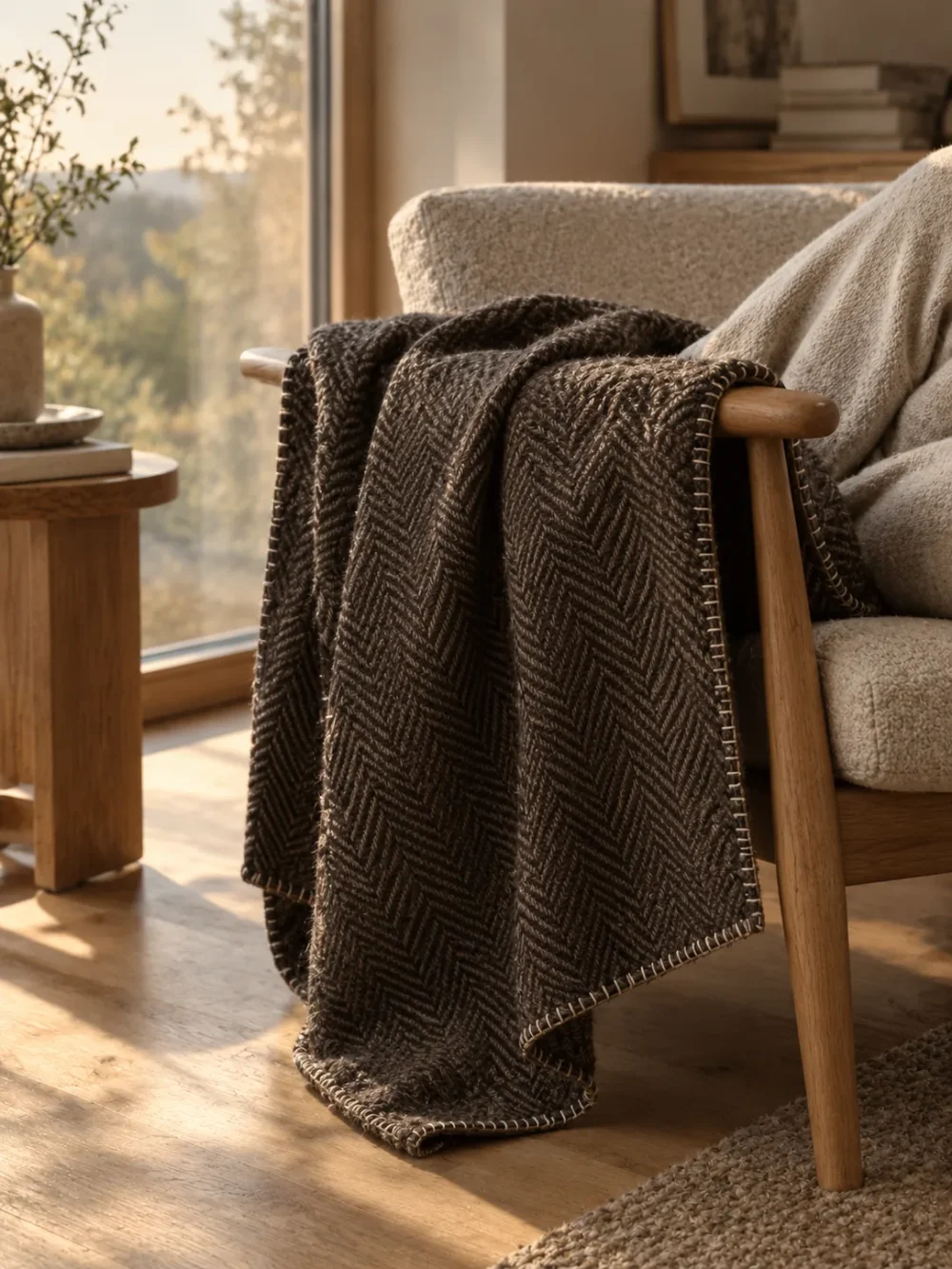 Fell Herringbone Throw in Peat, draped over a lounge chair