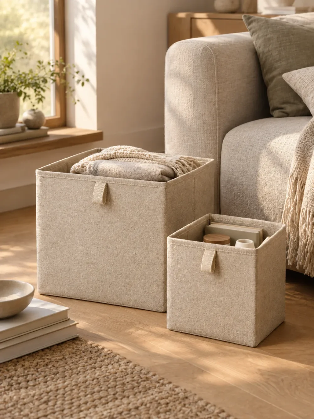 Fold Fabric Box Set of 2 in Oat, in use beside a sofa