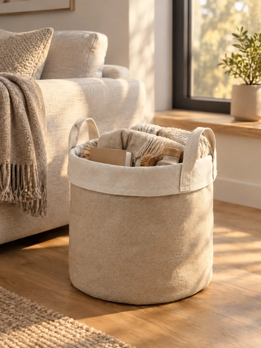 Harbour Canvas Basket in Oat, in use beside a sofa