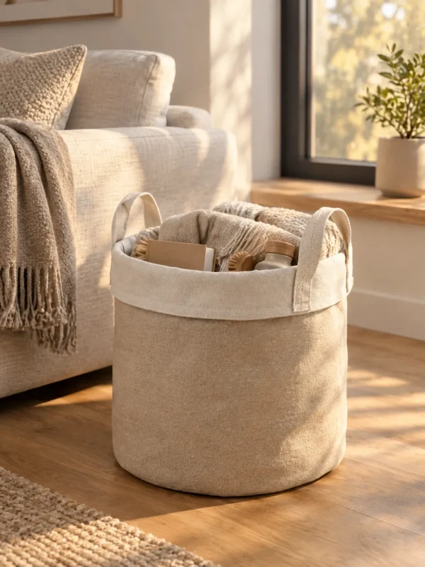 Harbour Canvas Basket in Oat, in use beside a sofa