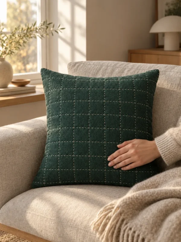 Harbour Stitch Cushion Cover in Fjord, on a linen sofa by a window