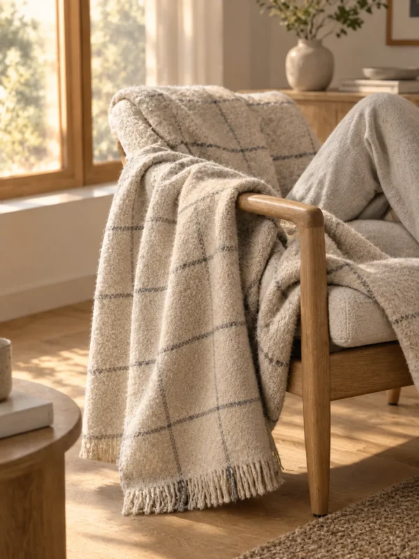Harbour Windowpane Throw in Oat, draped over a lounge chair