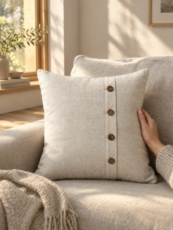Harlow Button Cushion Cover in Chalk, on a linen sofa by a window