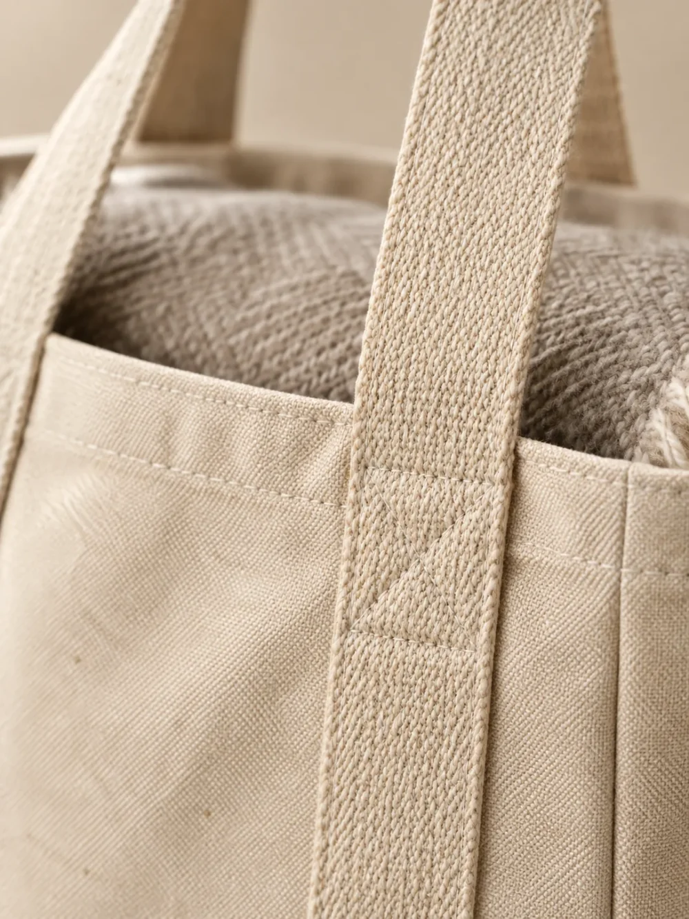 Haul Blanket Tote in Sand, close-up of the seams and handle