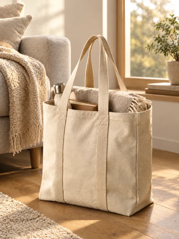 Haul Blanket Tote in Sand, in use beside a sofa