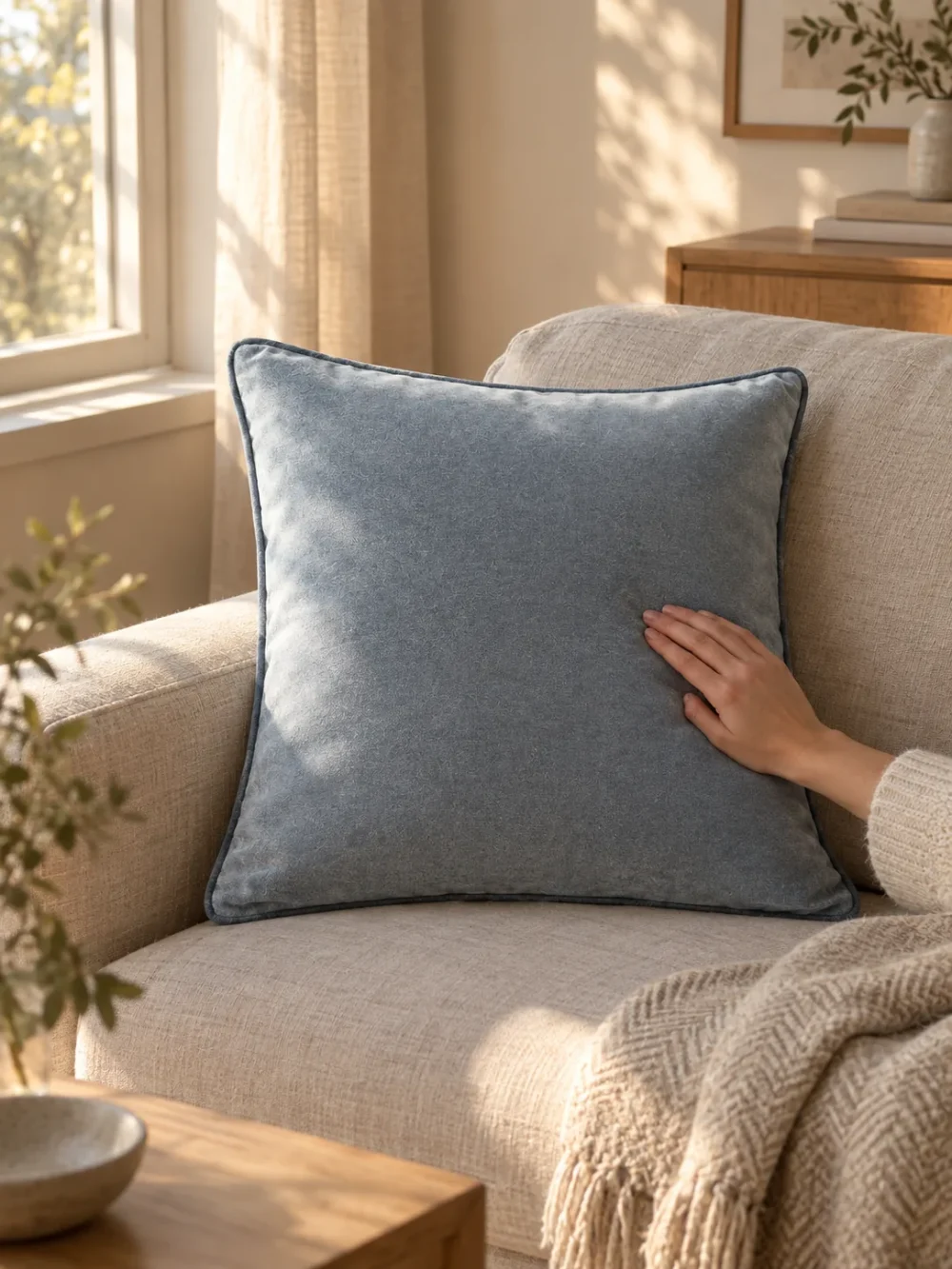 Hush Piped Cushion Cover in Mist, on a linen sofa by a window