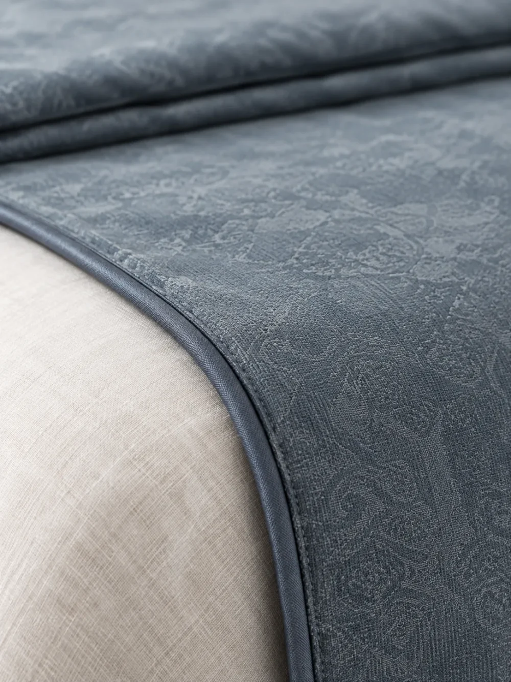 Hush Velvet Bed Runner in Mist, close-up of the end and edge