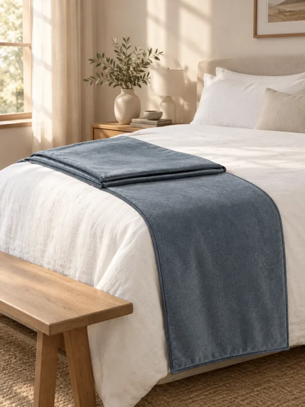 Hush Velvet Bed Runner in Mist, across the foot of a bed