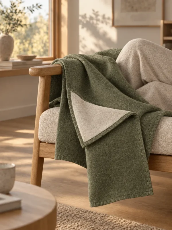 Kelp Reversible Throw in Moss, draped over a lounge chair