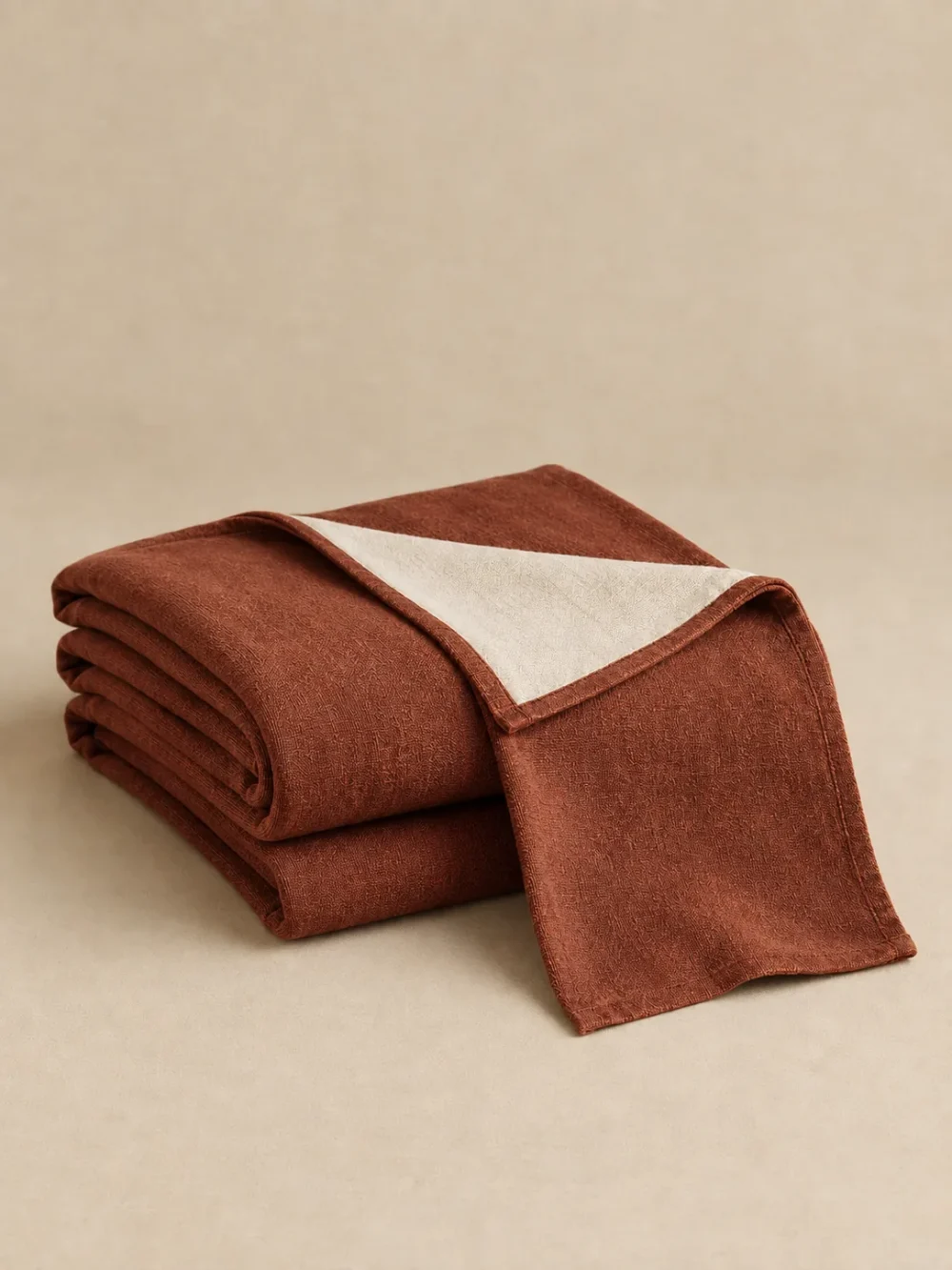 Kelp Reversible Throw in Rust, folded, showing the edge finish