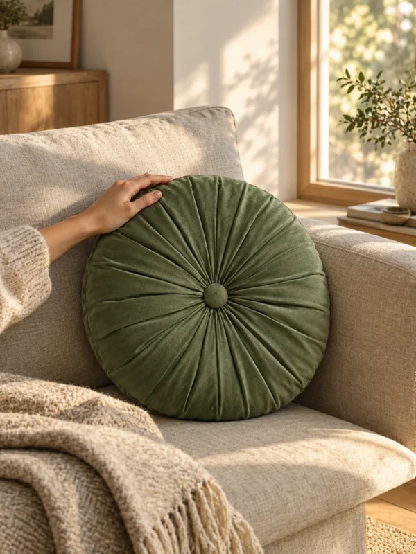 Kelp Round Pleat Cover in Moss, on a linen sofa by a window
