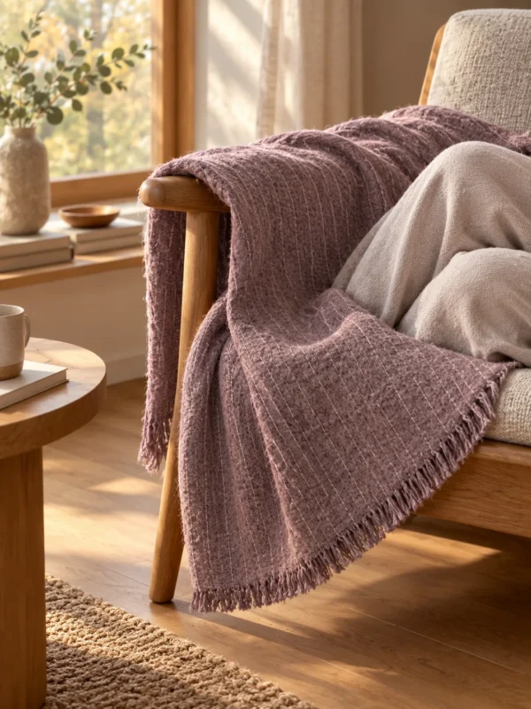 Lull Lap Throw in Dusk, draped over a lounge chair