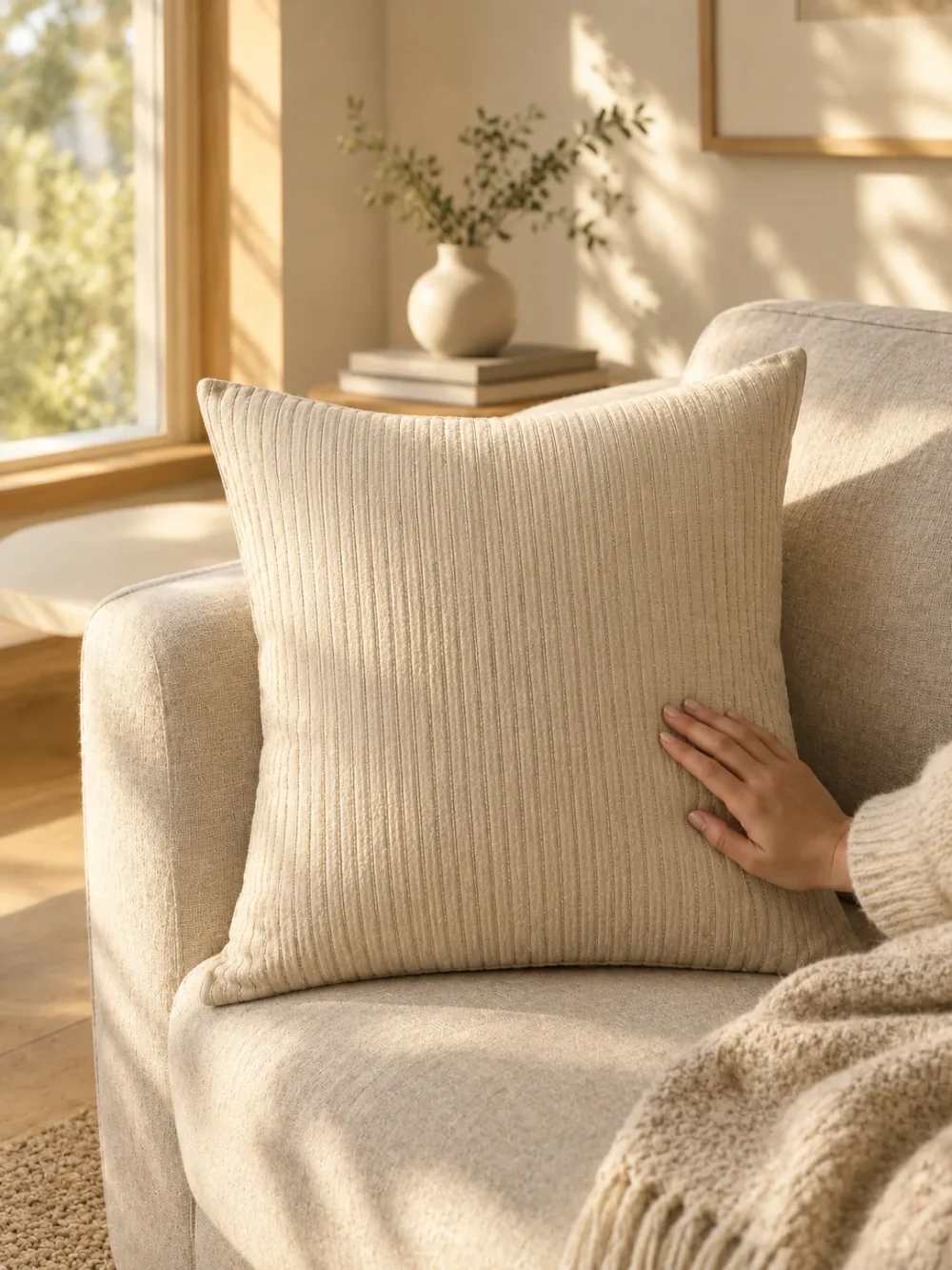 Lull Pintuck Cushion Cover in Sand, on a linen sofa by a window