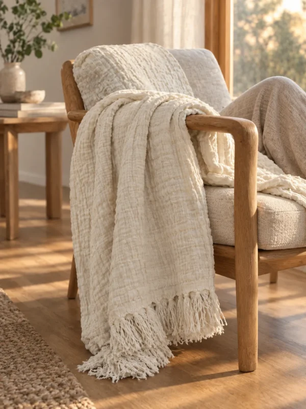 Mist Gauze Throw in Chalk, draped over a lounge chair