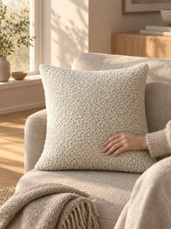 Moor Loop Cushion Cover in Chalk, on a linen sofa by a window