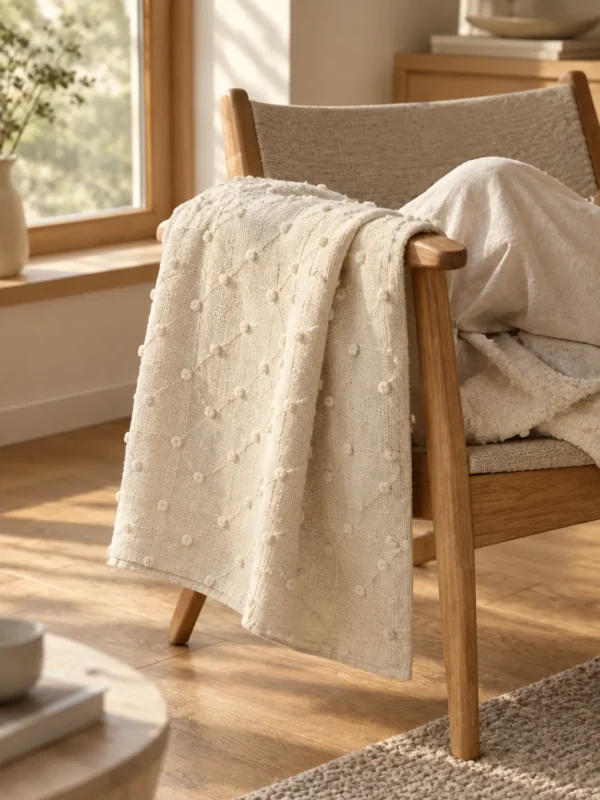 Moor Tuft Throw in Chalk, draped over a lounge chair