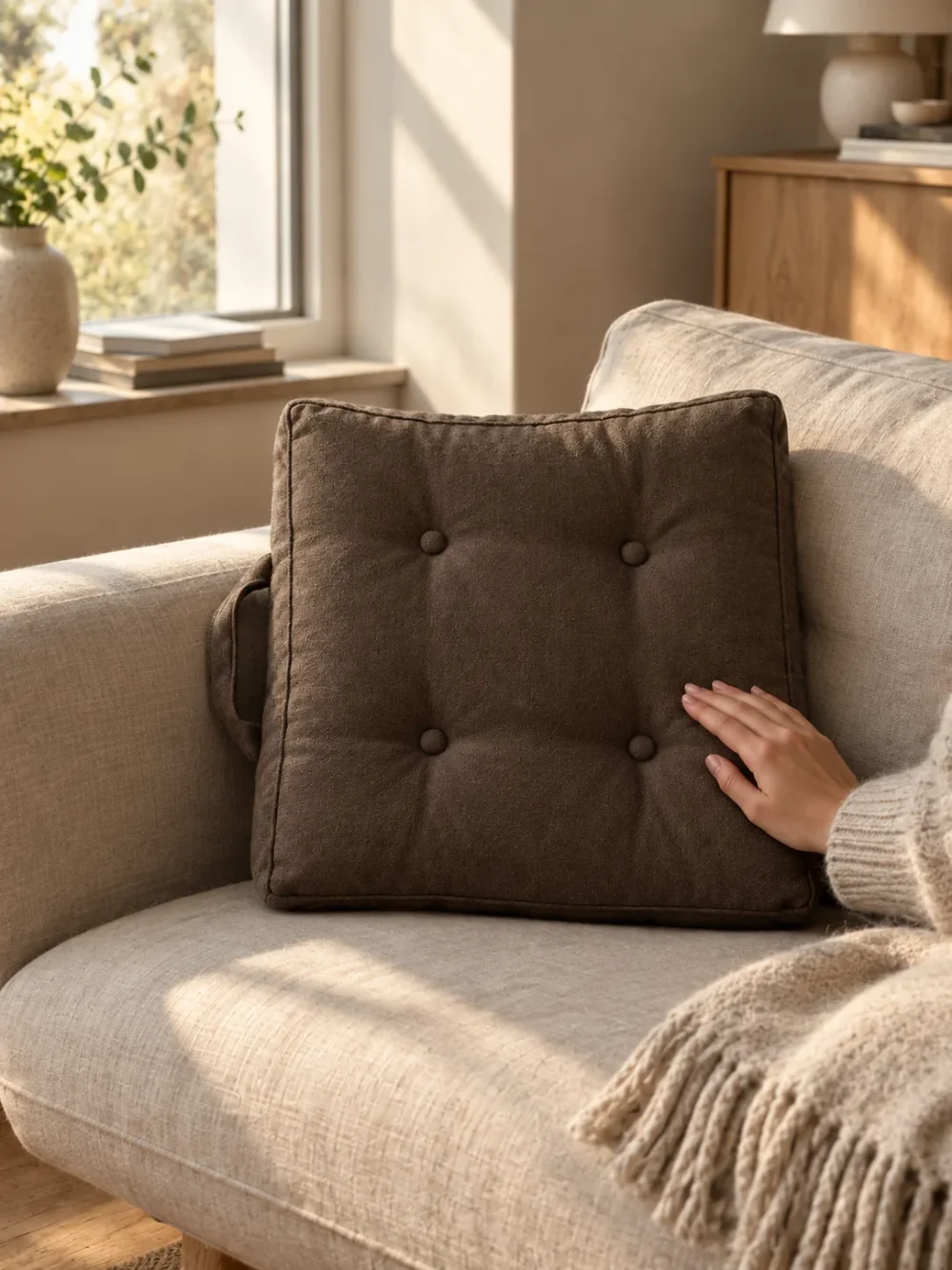Nook Floor Cushion Cover in Peat, on a linen sofa by a window